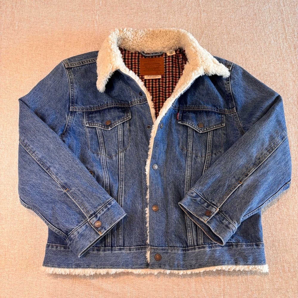 Levi’s Premium Women’s Sherpa Collar Wool Lined Denim Trucker Jacket Blue Size L